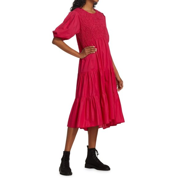 Merlette Vallarta Pink Tiered Pleated Dress Small Ruffle Hemline A-Line Midi S